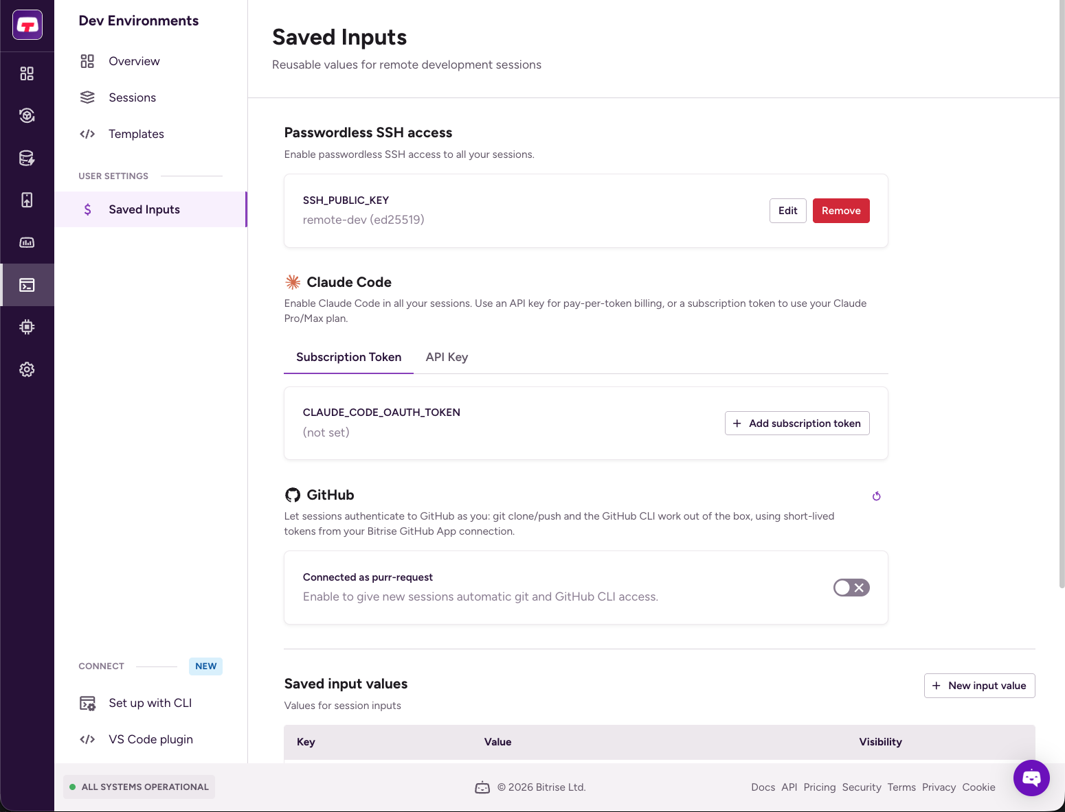 The GitHub card on the Saved Inputs page, connected and ready to enable