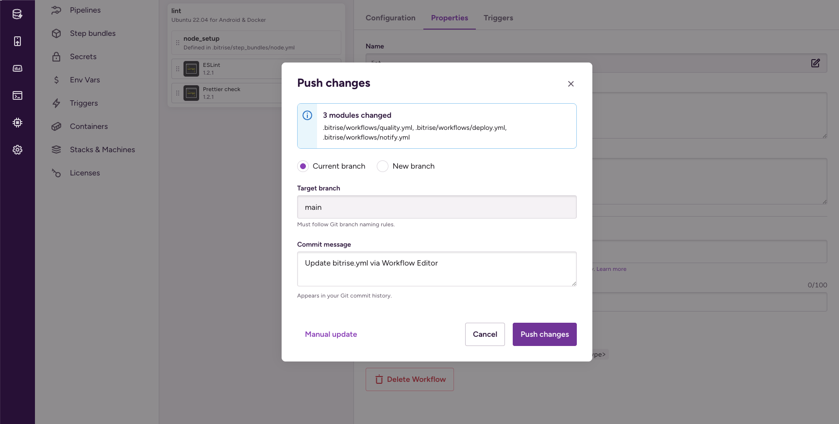 The Push changes dialog listing three changed modules with their full paths