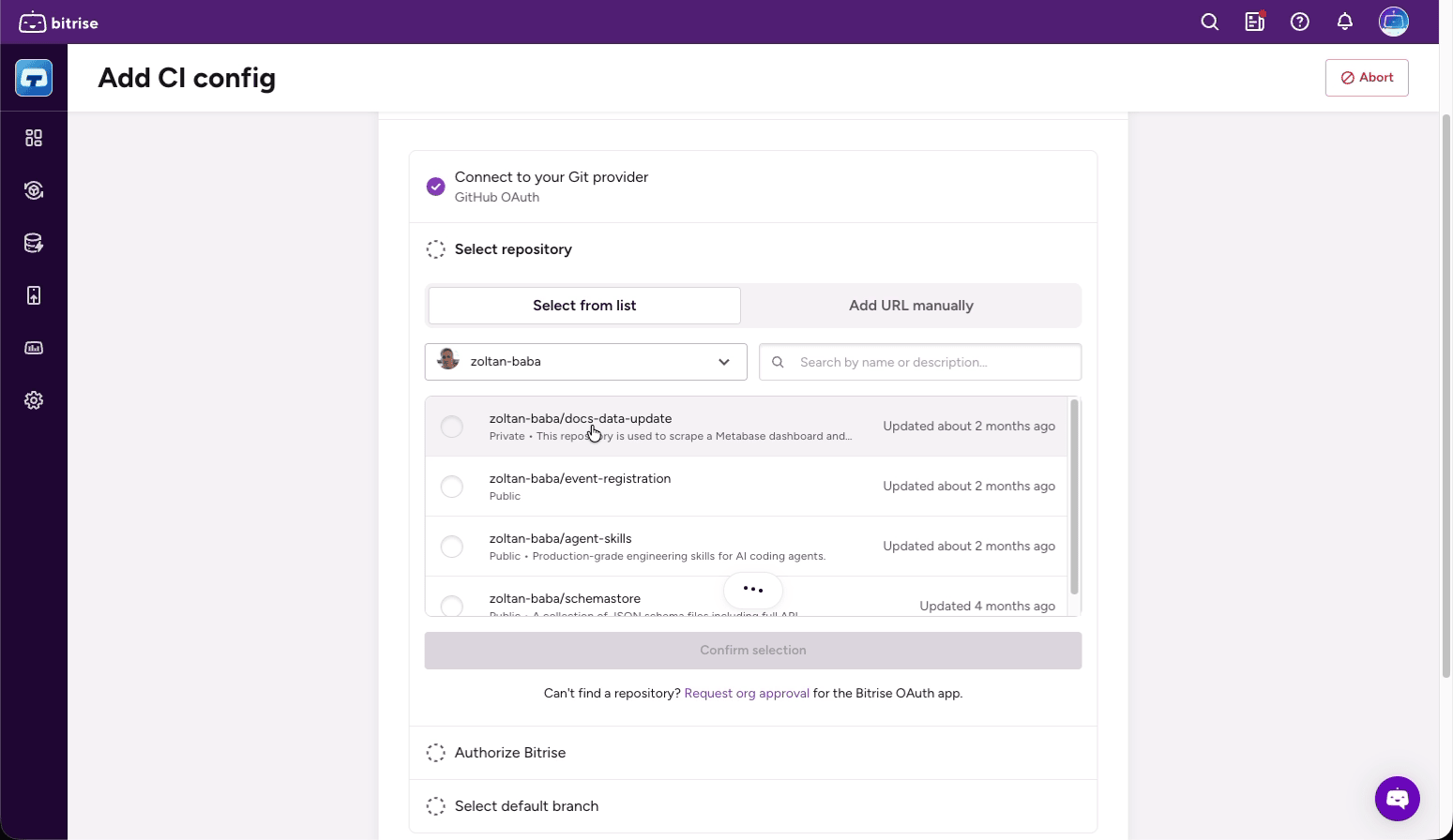 Select repository — browsing repositories by account