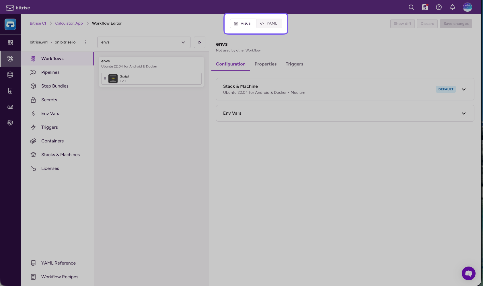 The Visual and YAML toggle in the Workflow Editor