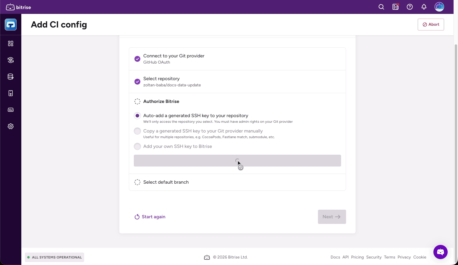 Authorize Bitrise — SSH key options