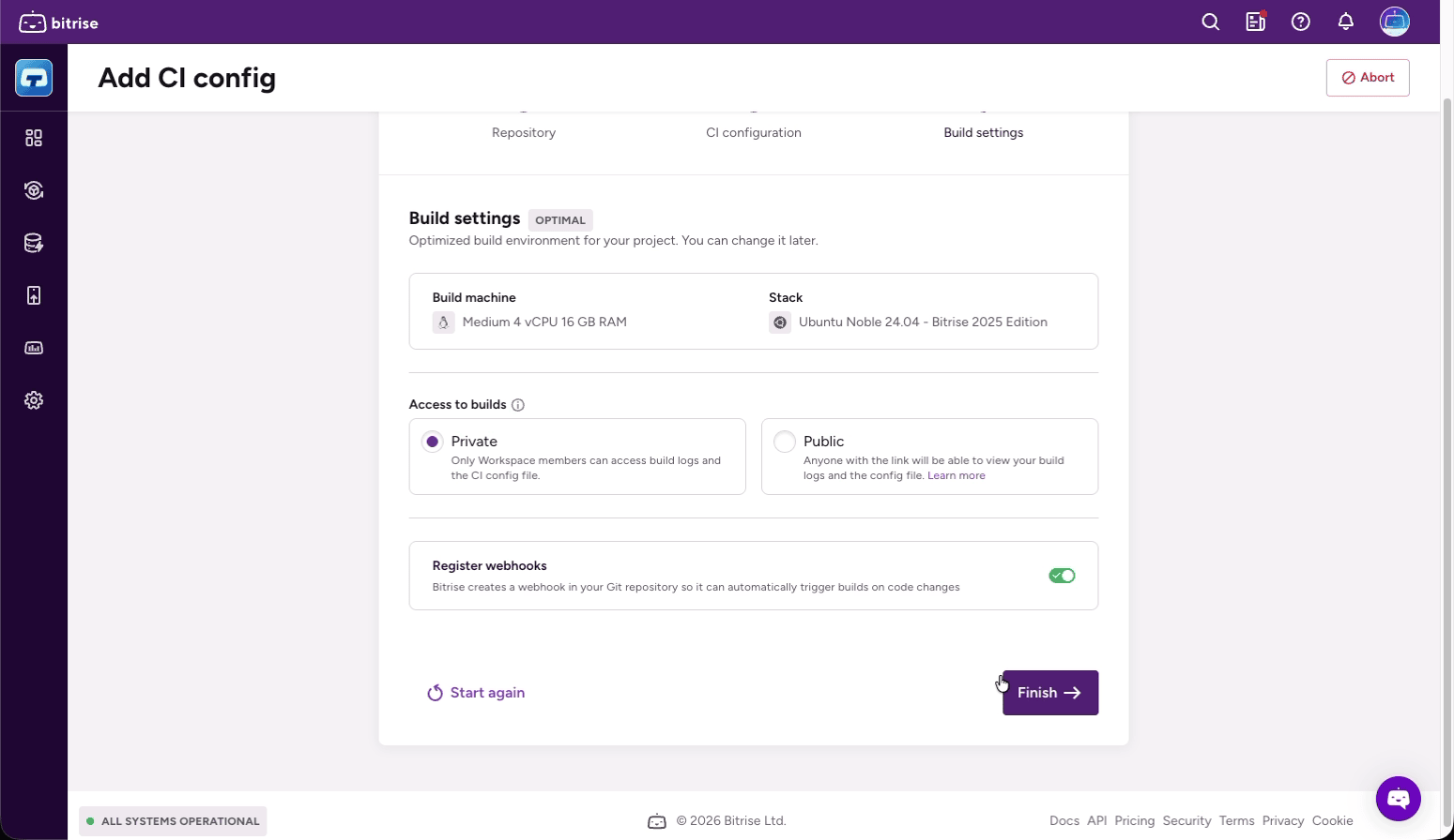 Build settings — machine, stack, access, and webhooks