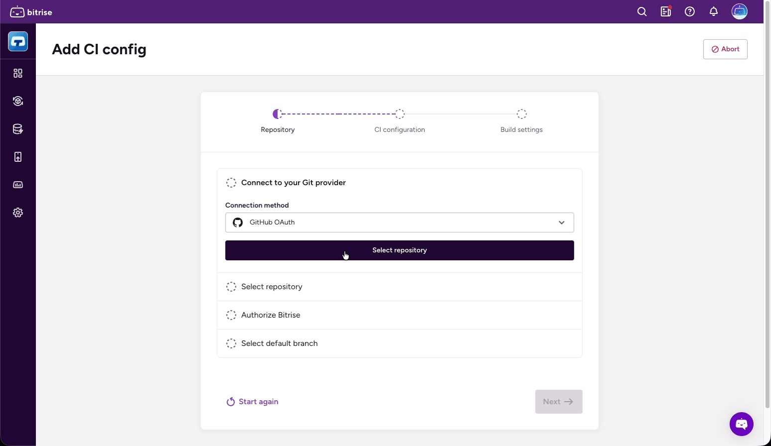 Connect to your Git provider — connection method dropdown with GitHub OAuth selected