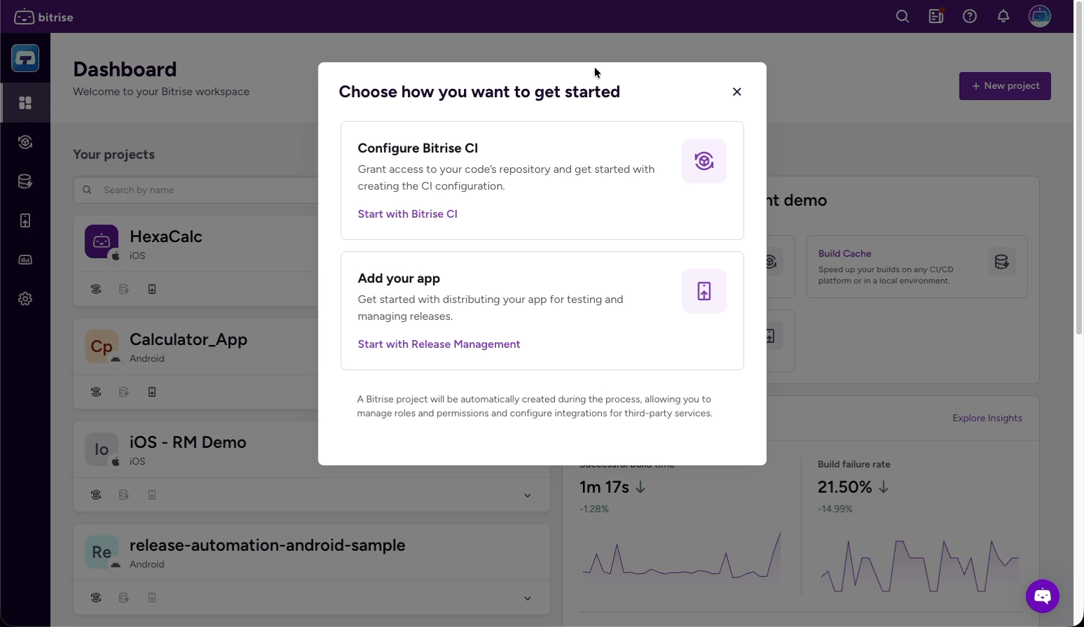 Add CI config entry point — choose how you want to get started modal