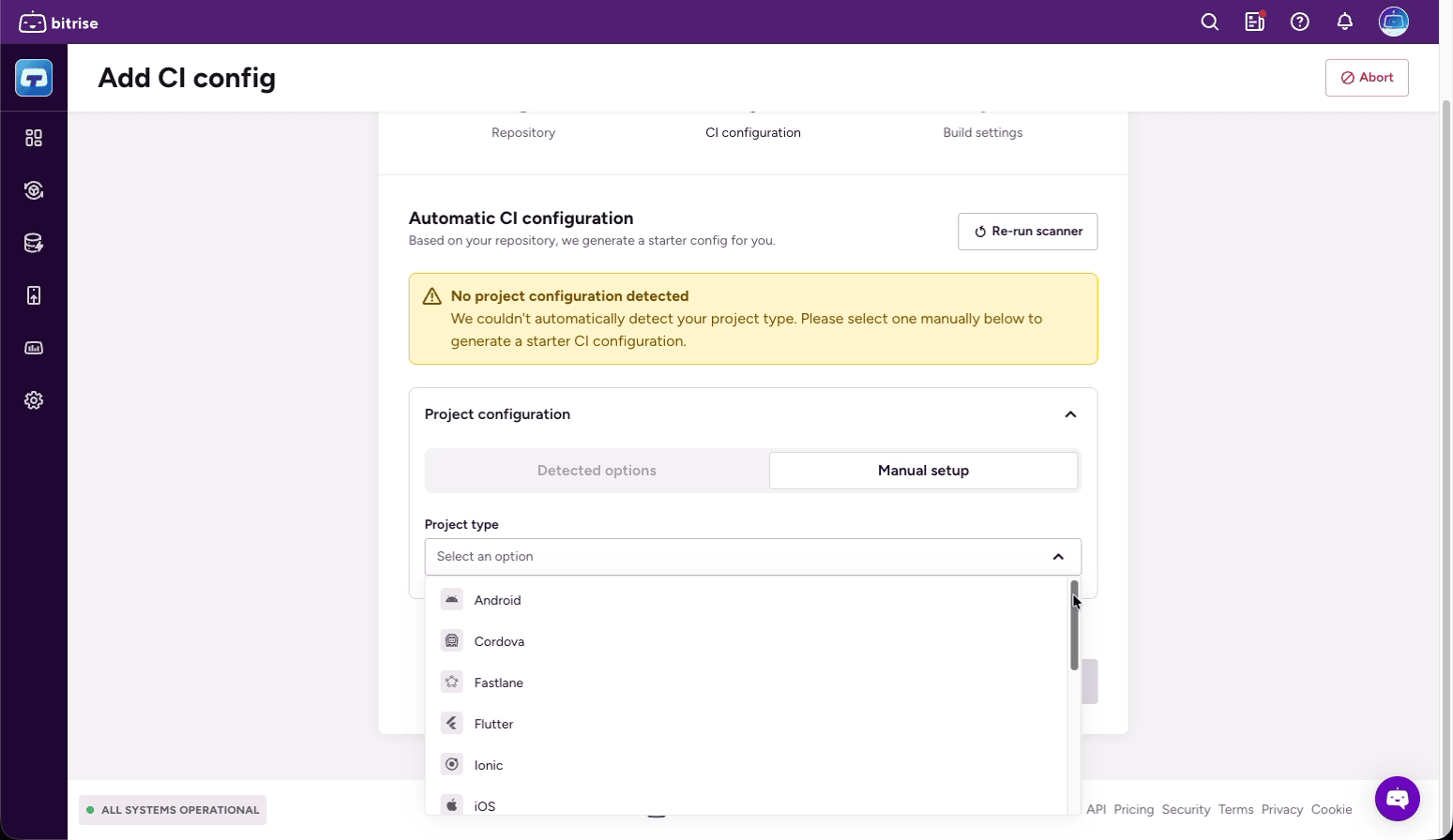CI configuration — manual project type selection