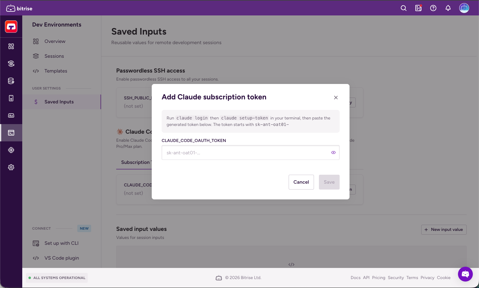 Add Claude subscription token dialog