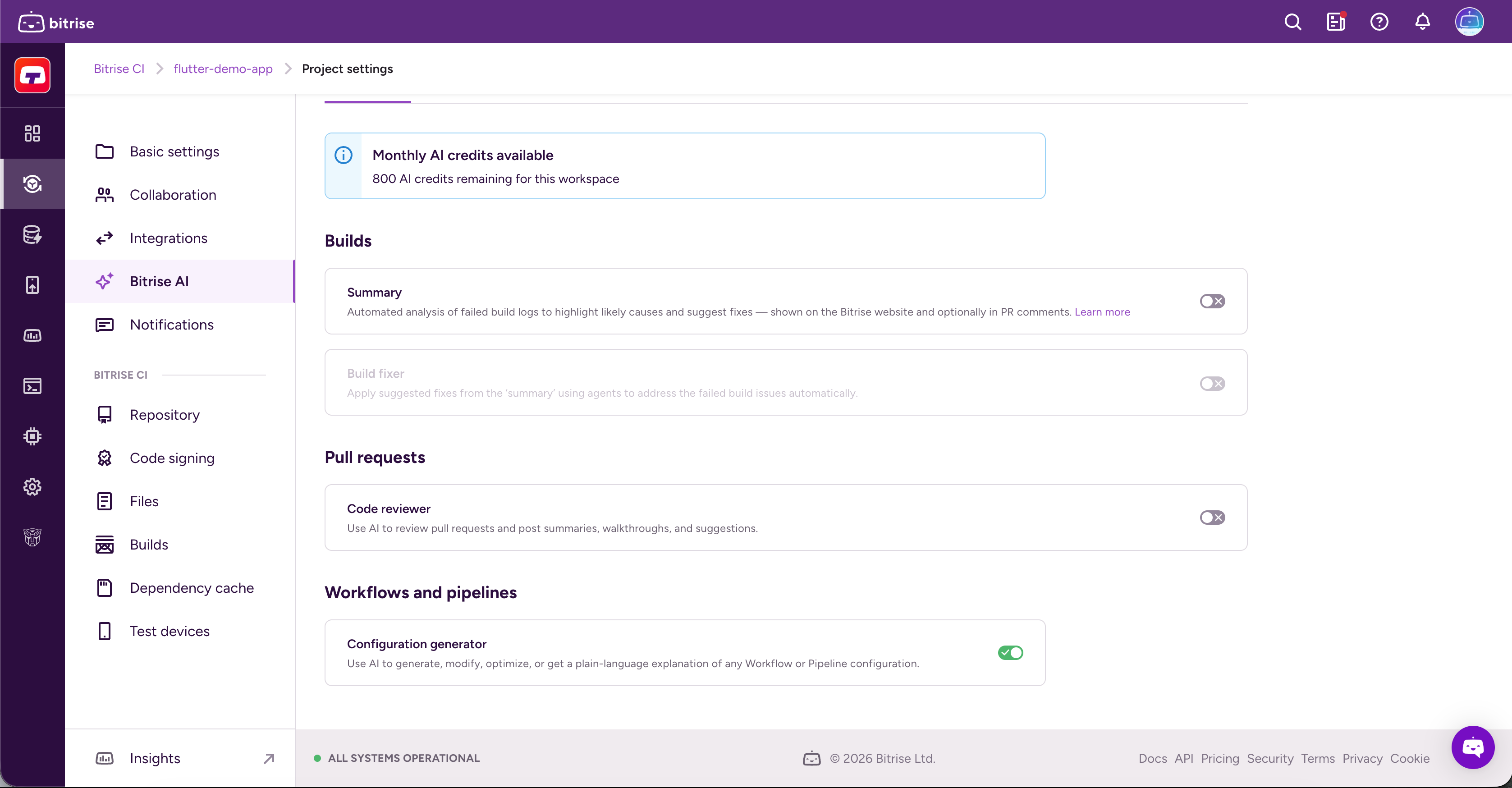 Project settings — Bitrise AI page with the Configuration generator toggle enabled
