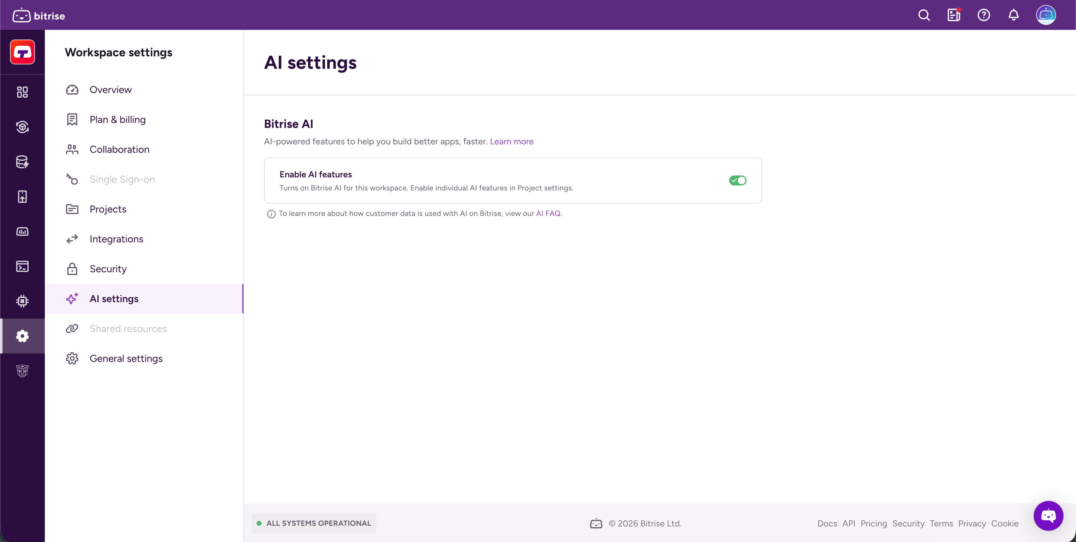 Workspace settings — AI settings page with the Enable AI features toggle
