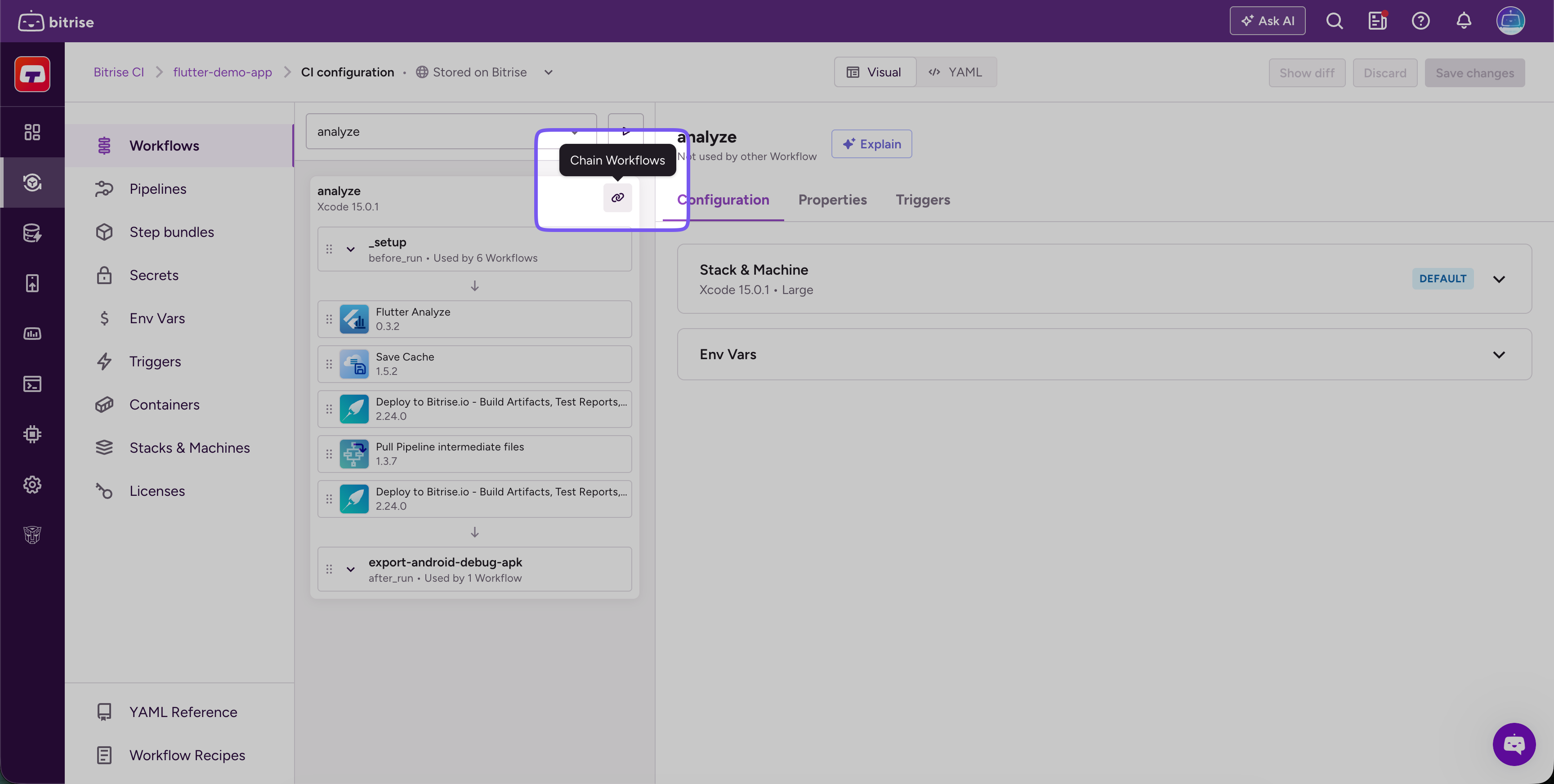 Workflow card with the Chain Workflows icon button highlighted