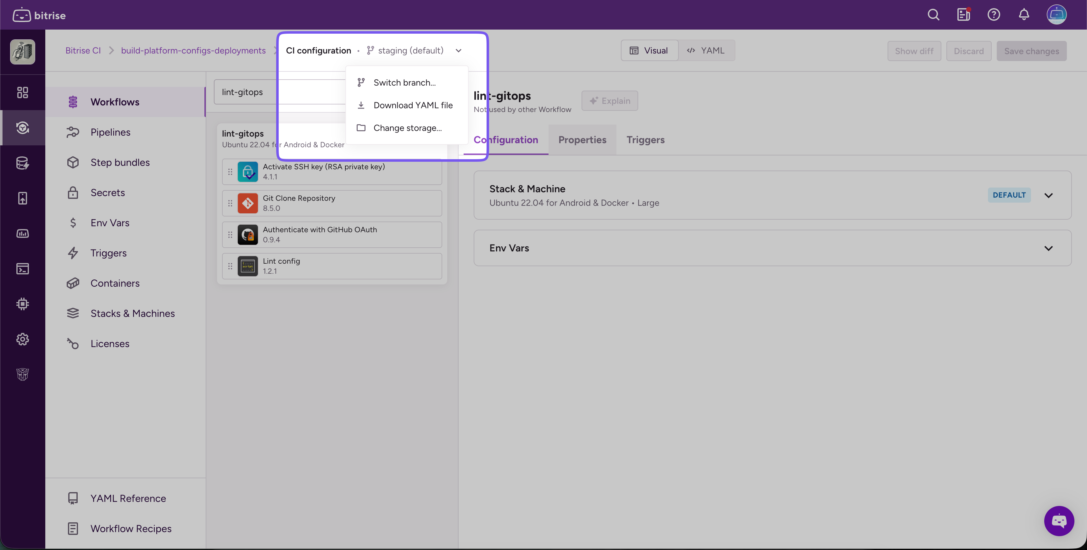 Configuration options menu in the Workflow Editor showing Switch branch, Download YAML file, and Change storage options