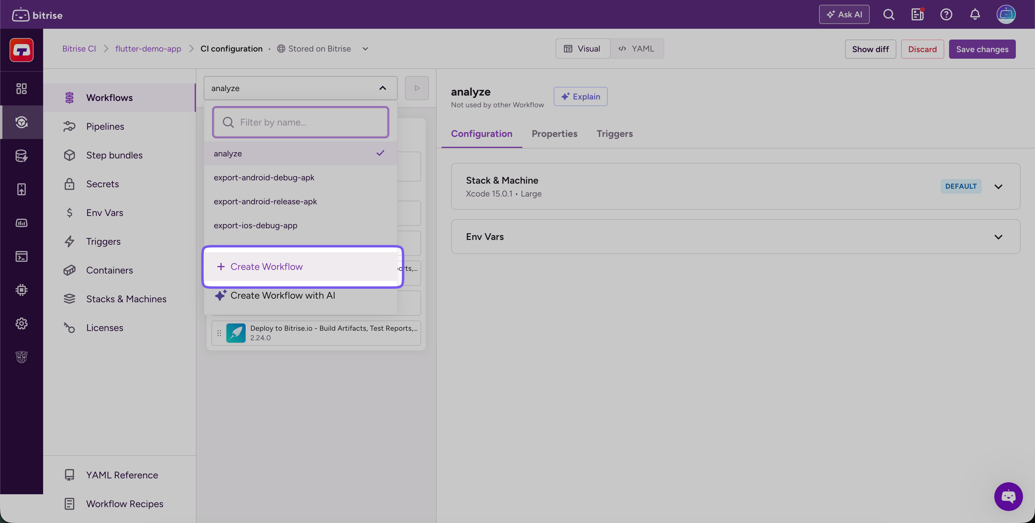 Workflow selector dropdown with Create Workflow button
