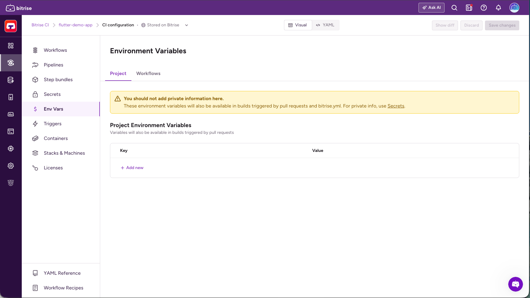Project Environment Variables tab in the Workflow Editor