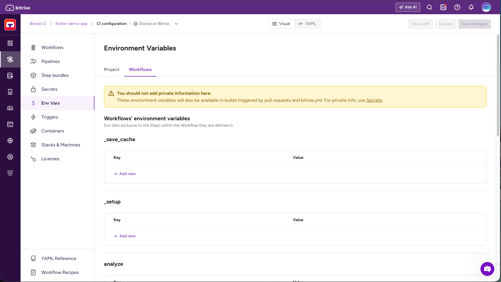 Workflows Environment Variables tab in the Workflow Editor
