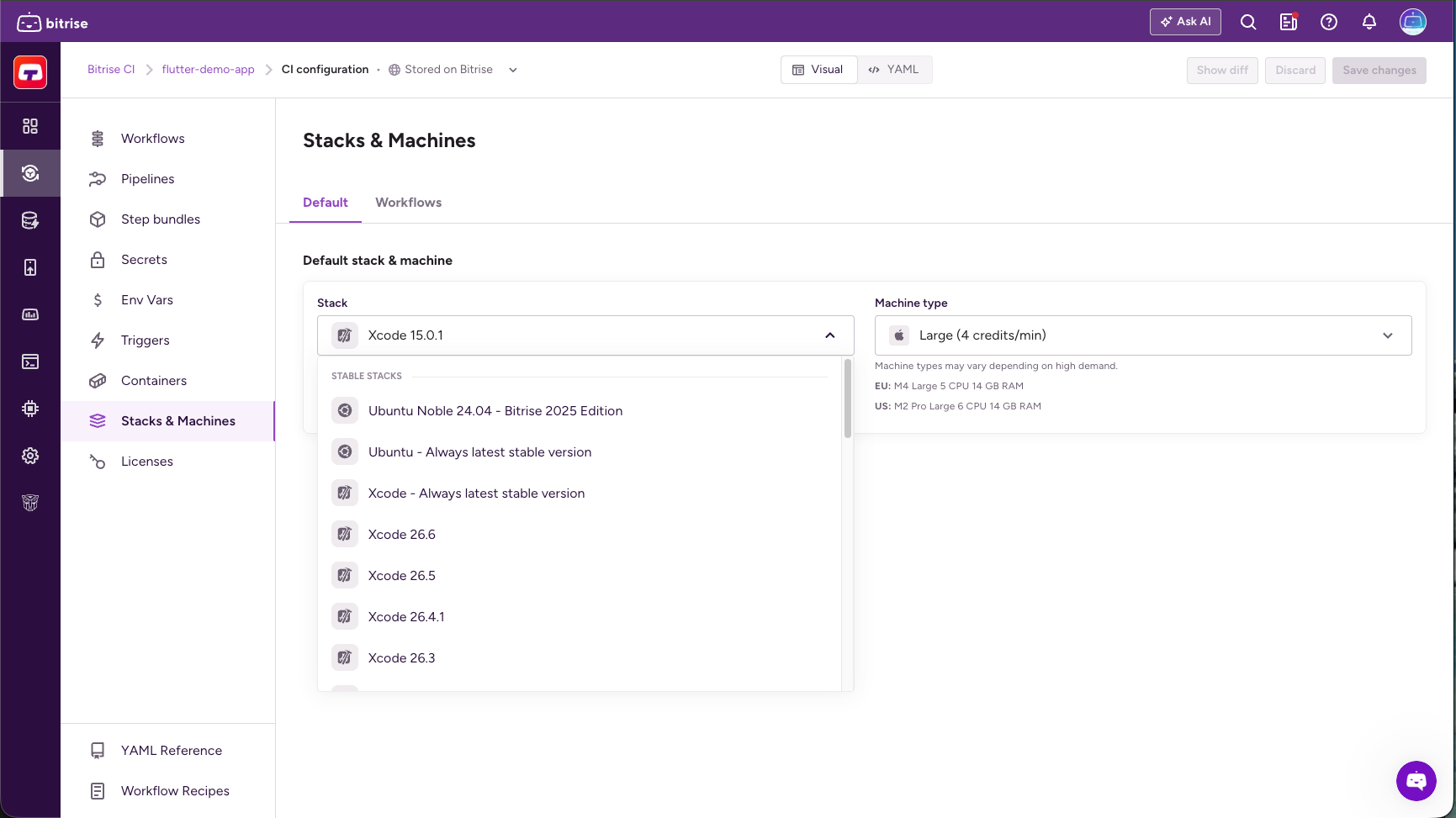 Machine type selector in the Default stack &amp; machine section
