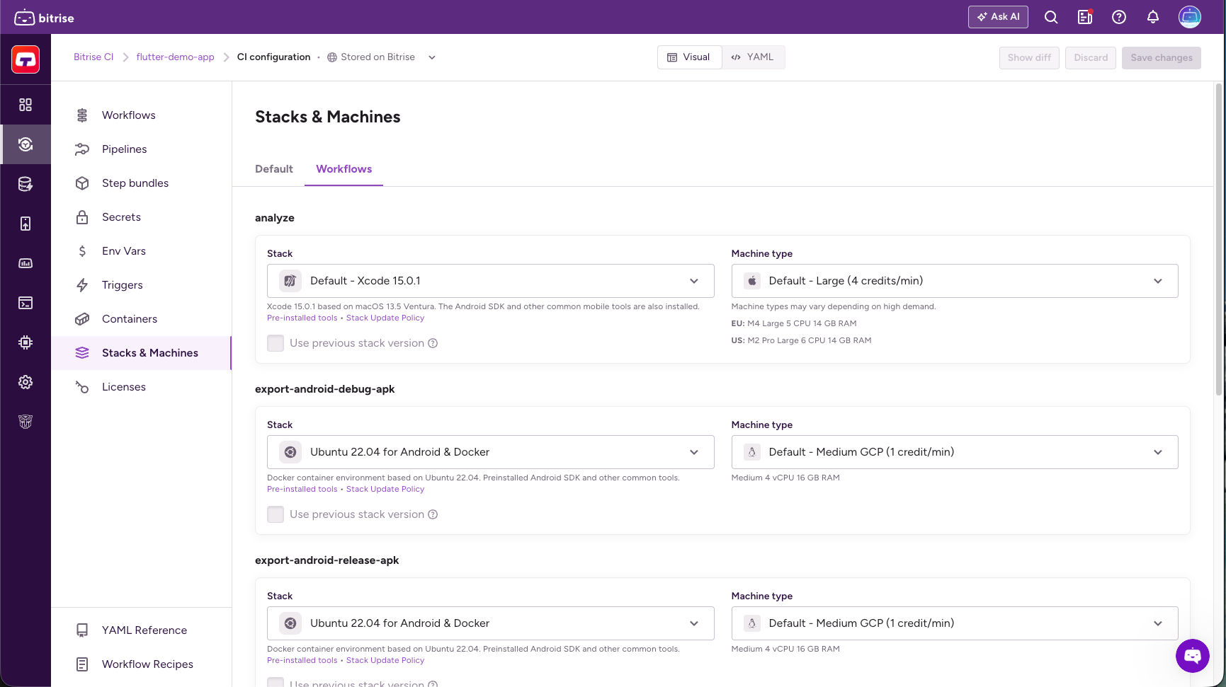 Workflows tab on the Stacks &amp; Machines page