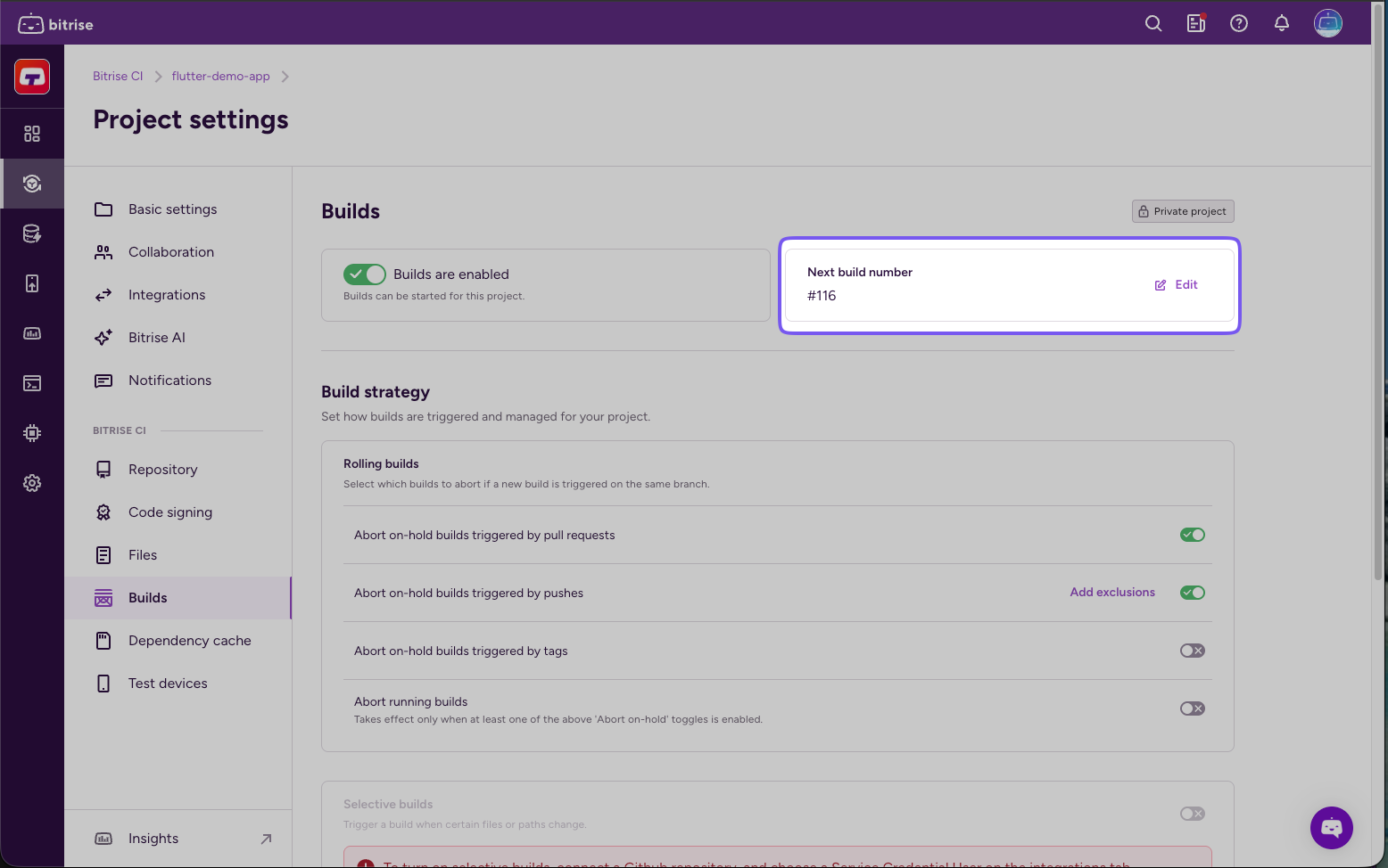 Next build number section on the Builds page of Project settings