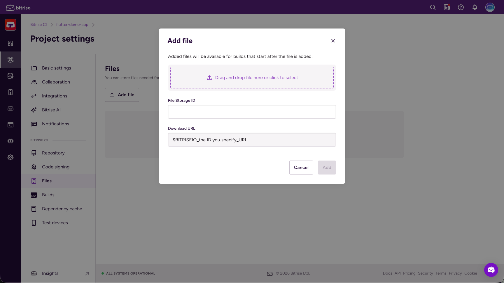 Add file dialog on the Project settings Files page