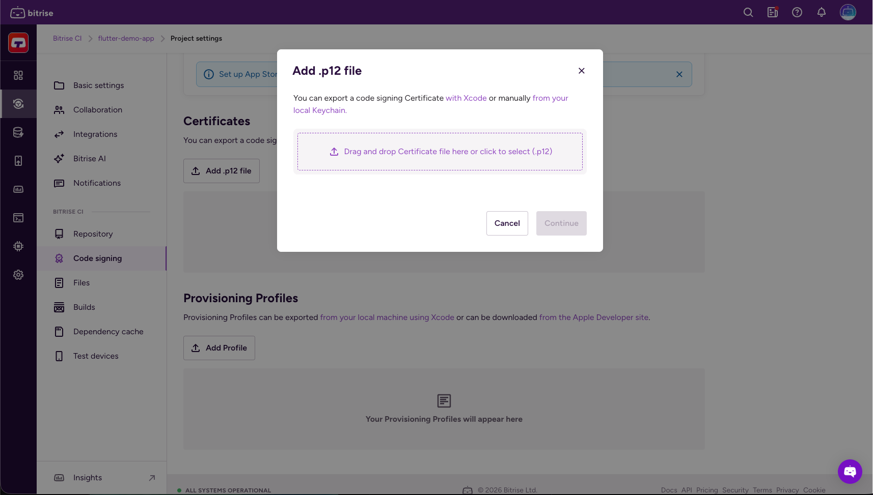 Add .p12 file dialog