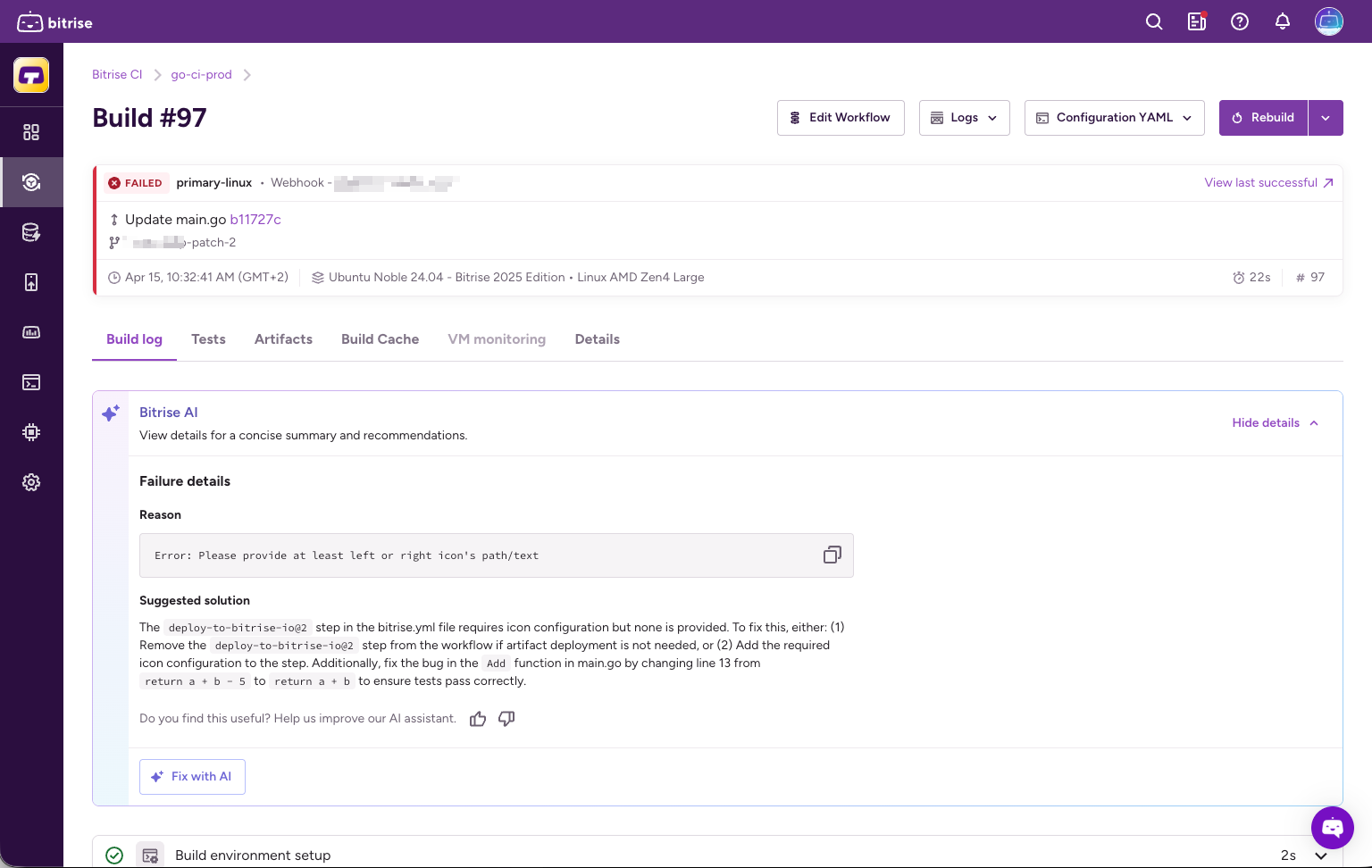 Bitrise AI panel with Failure details, Reason, and Suggested solution