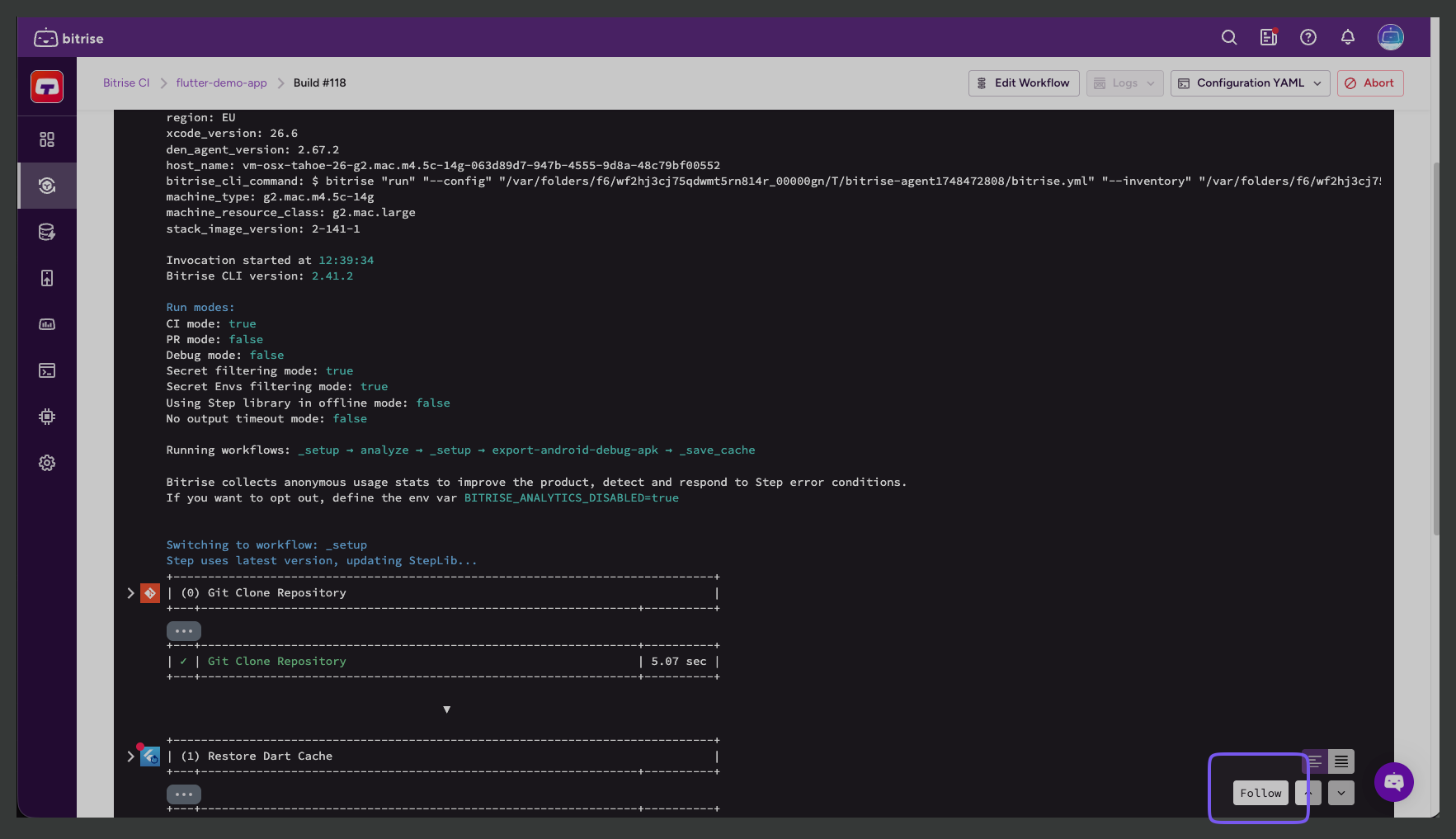 Follow button on a running build's log