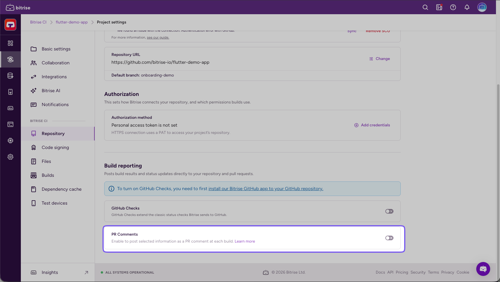 Build reporting section with the PR Comments toggle