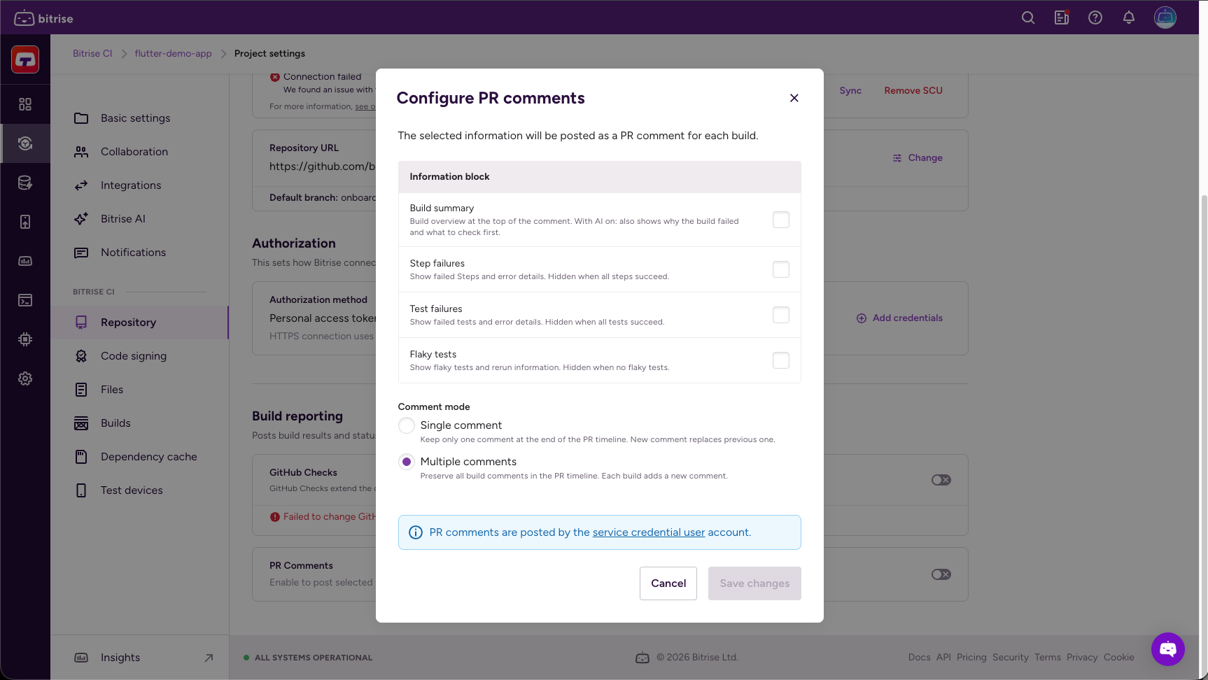 Configure PR comments dialog with information blocks and Comment mode options