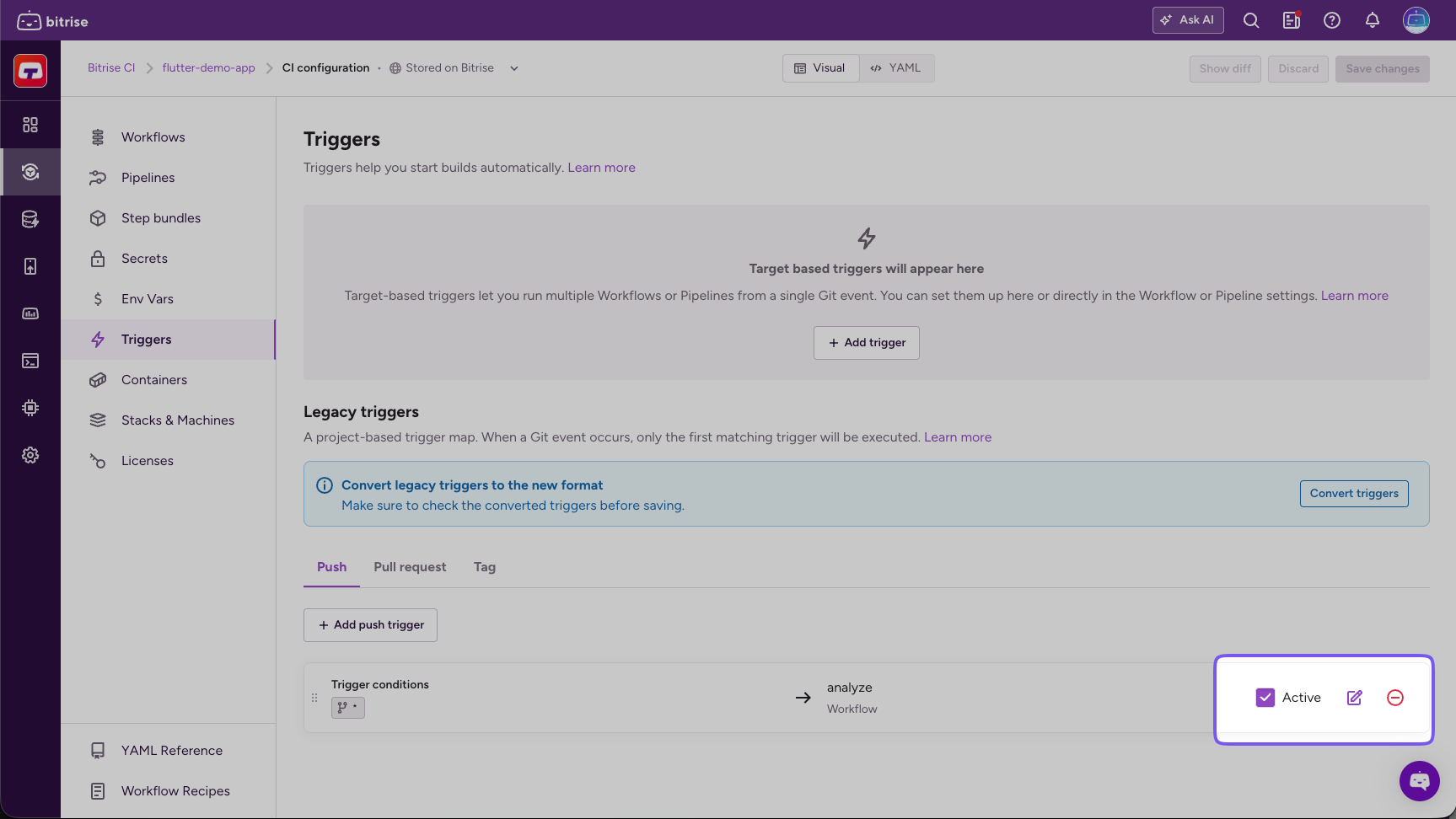 Legacy triggers tab with the Active checkbox on a trigger row