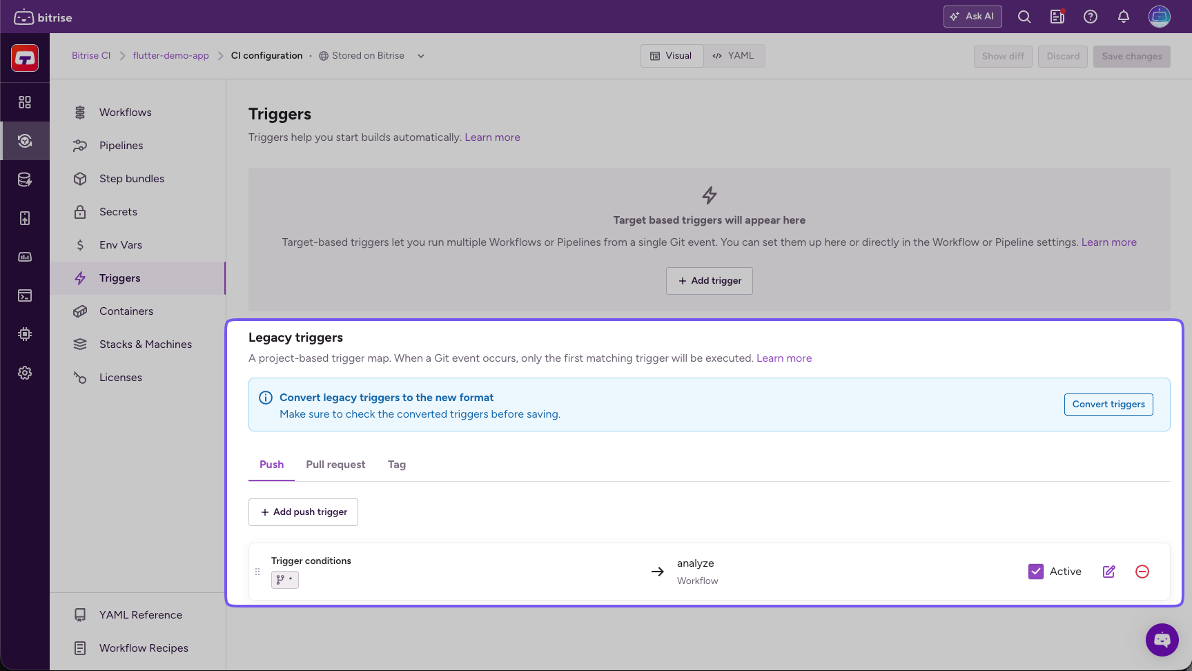 Legacy triggers section on the Triggers page