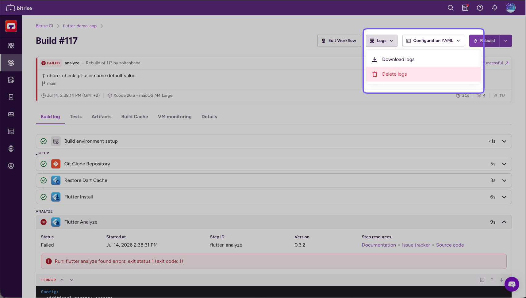 Logs dropdown menu with Download logs and Delete logs options