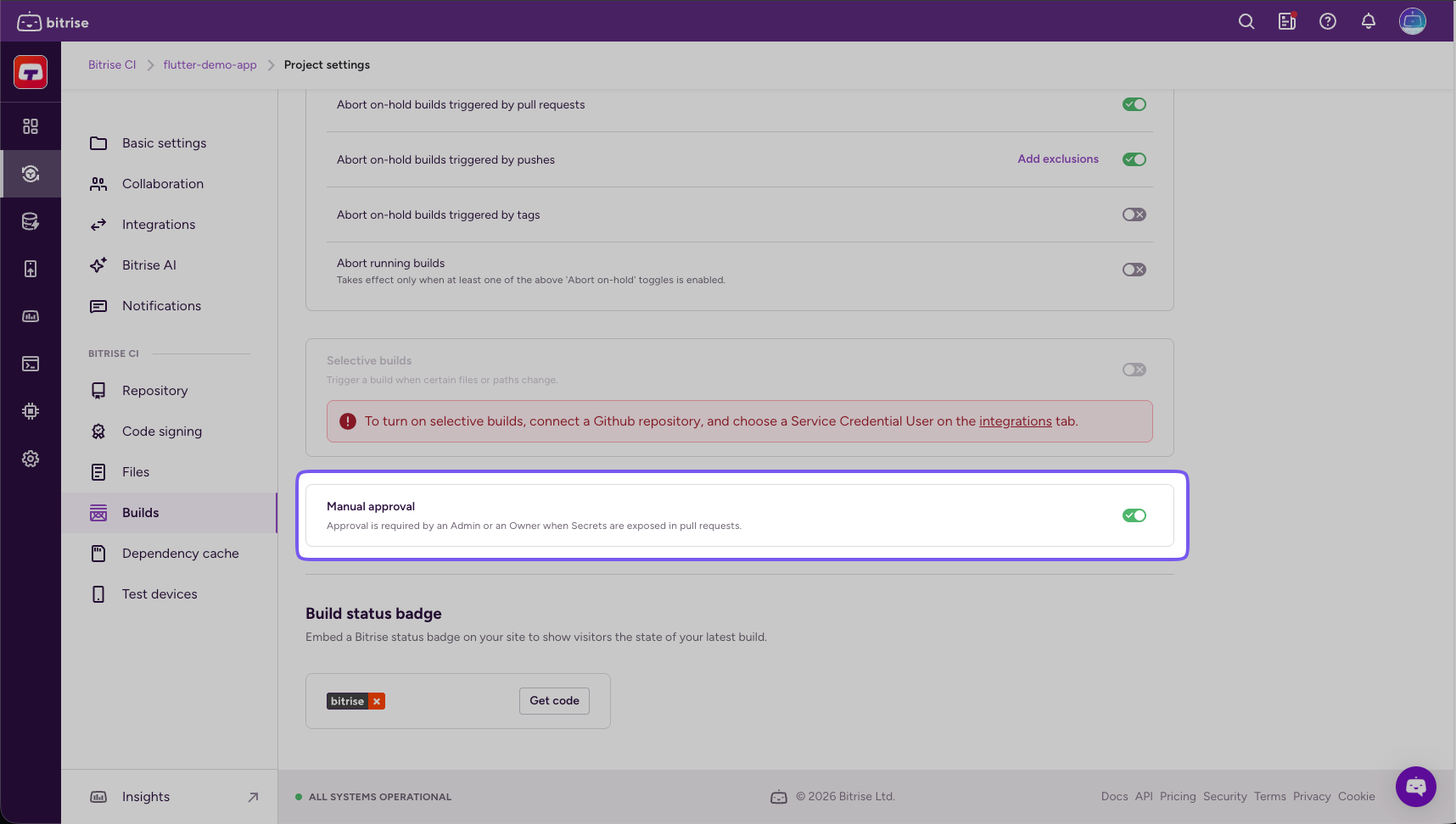 Manual approval toggle on the Builds settings page