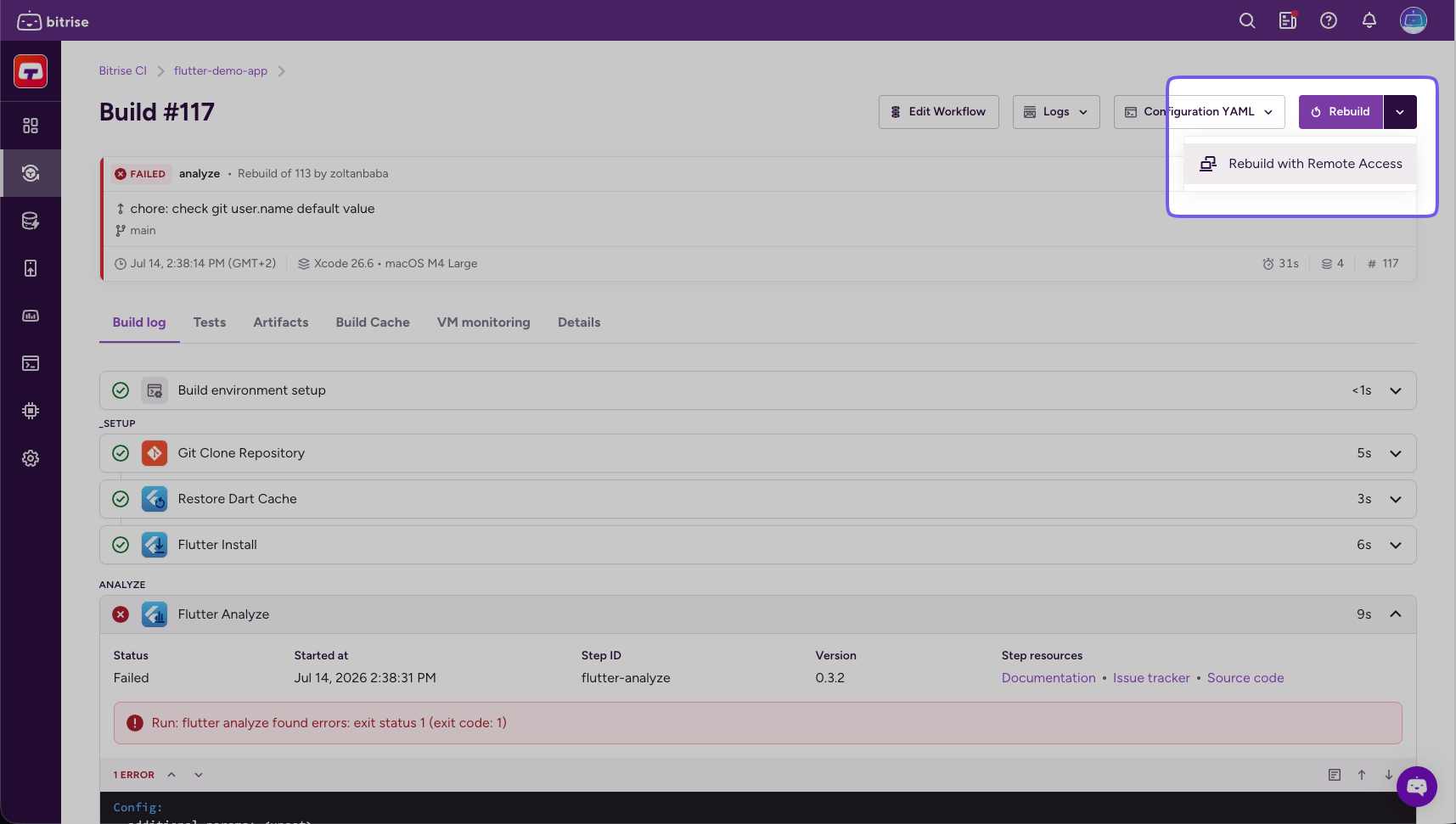 Rebuild with remote access option in the Rebuild dropdown menu