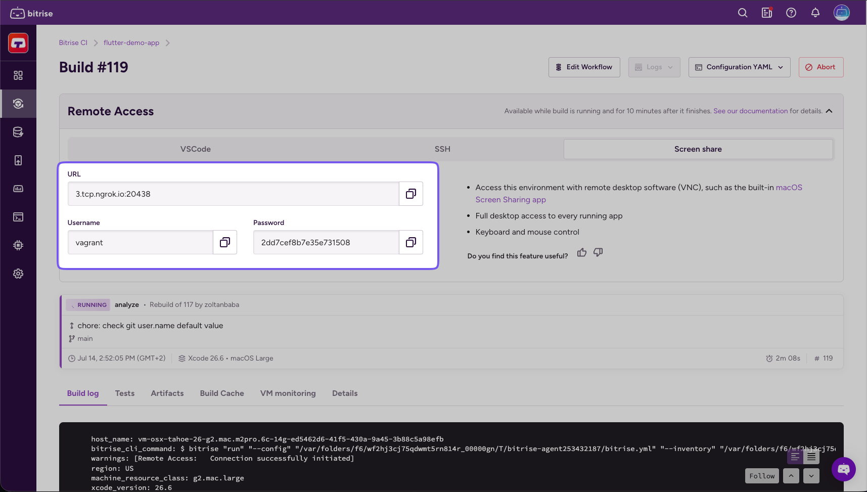 Screen share tab with the URL, Username, and Password fields
