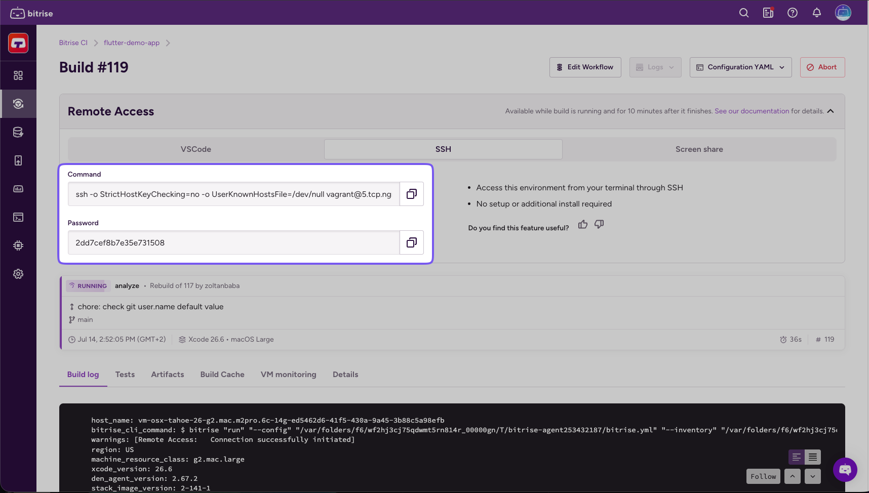 SSH tab with the Command and Password fields
