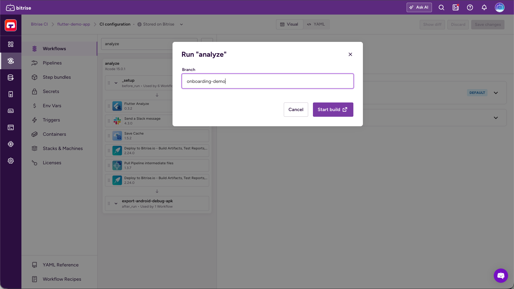 Run dialog with a Branch field and Start build button