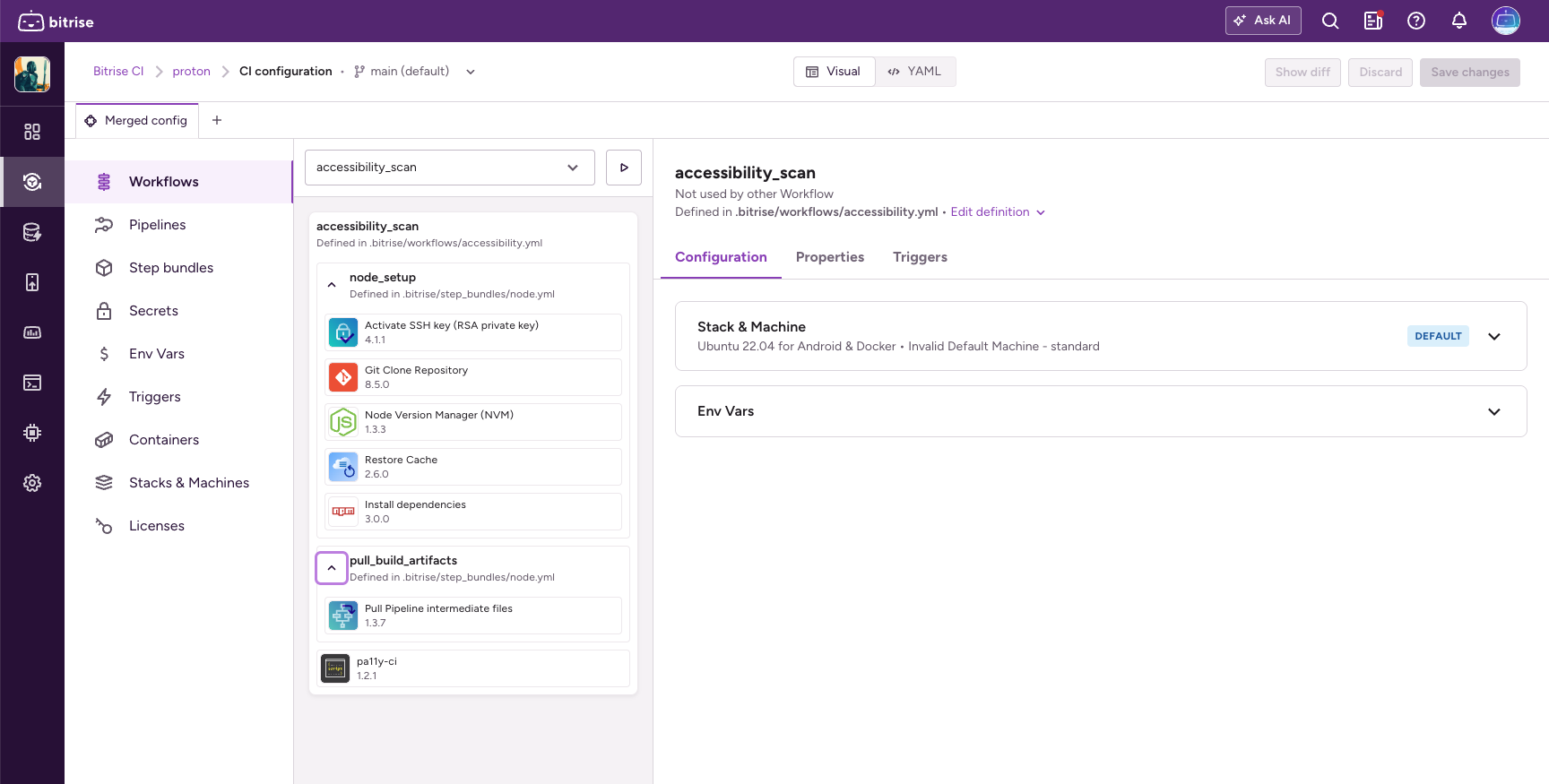 The Merged config tab with a Workflow selected, showing the module that defines it and the Edit definition action