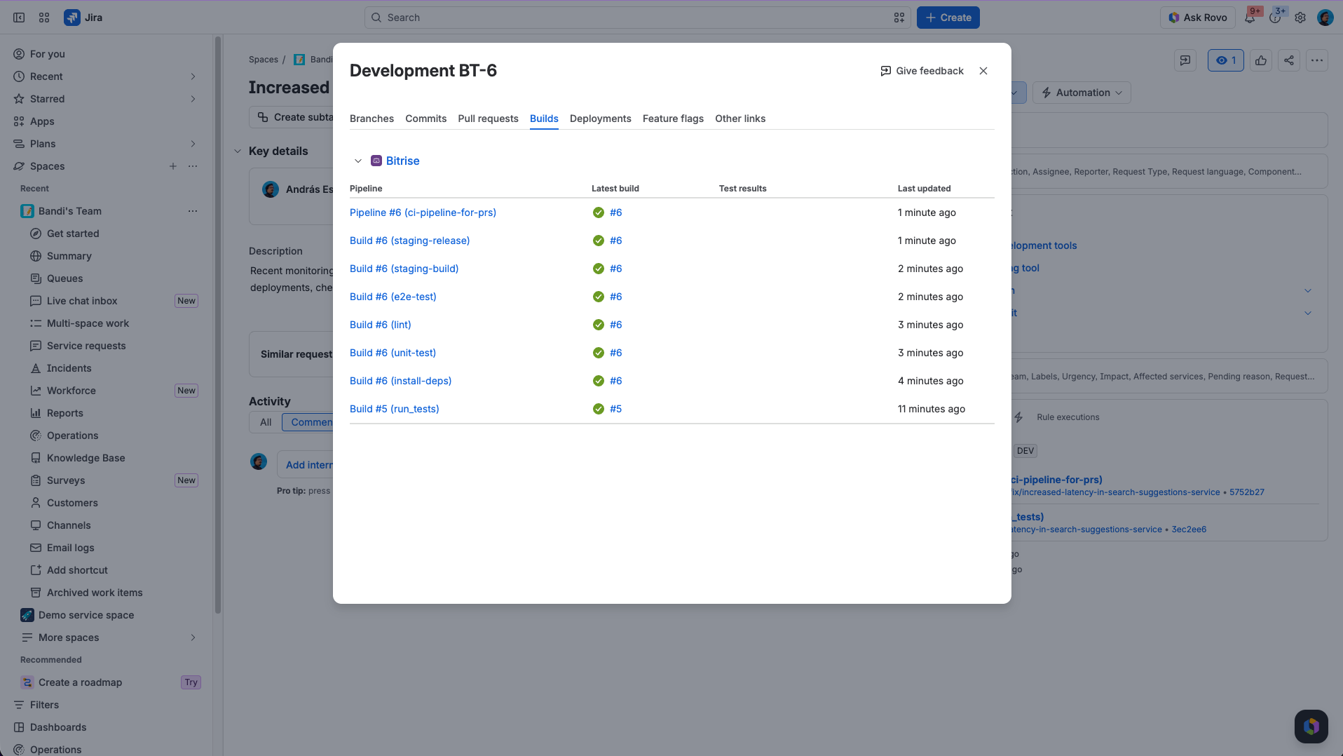 Builds tab of Jira's development panel, showing build status