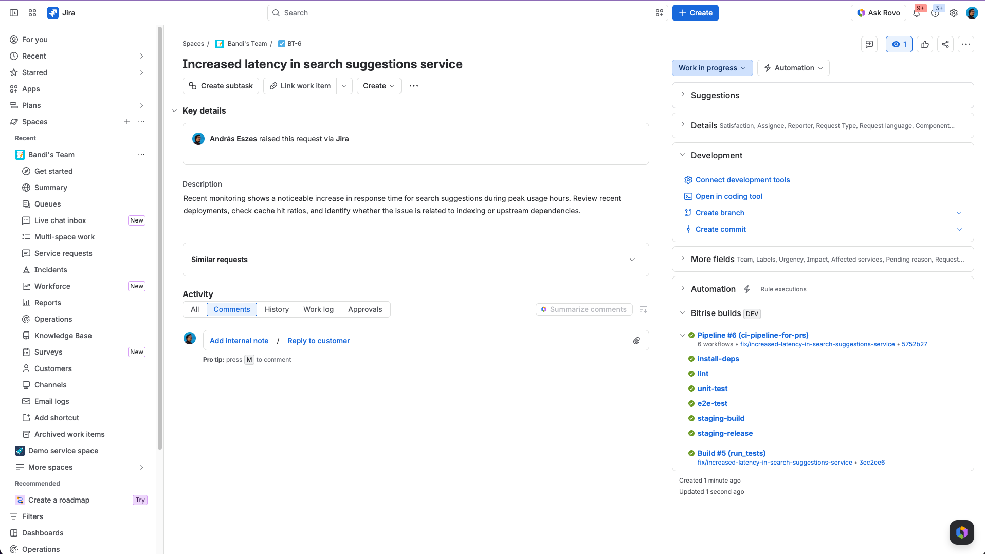 Bitrise builds section on a Jira issue, showing a pipeline and a build