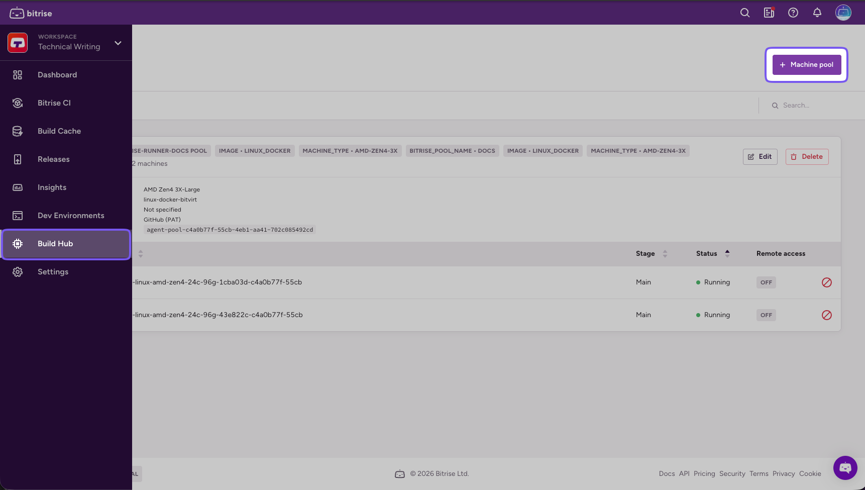 Build Hub page with the left navigation bar Build Hub item and the Machine pool button highlighted