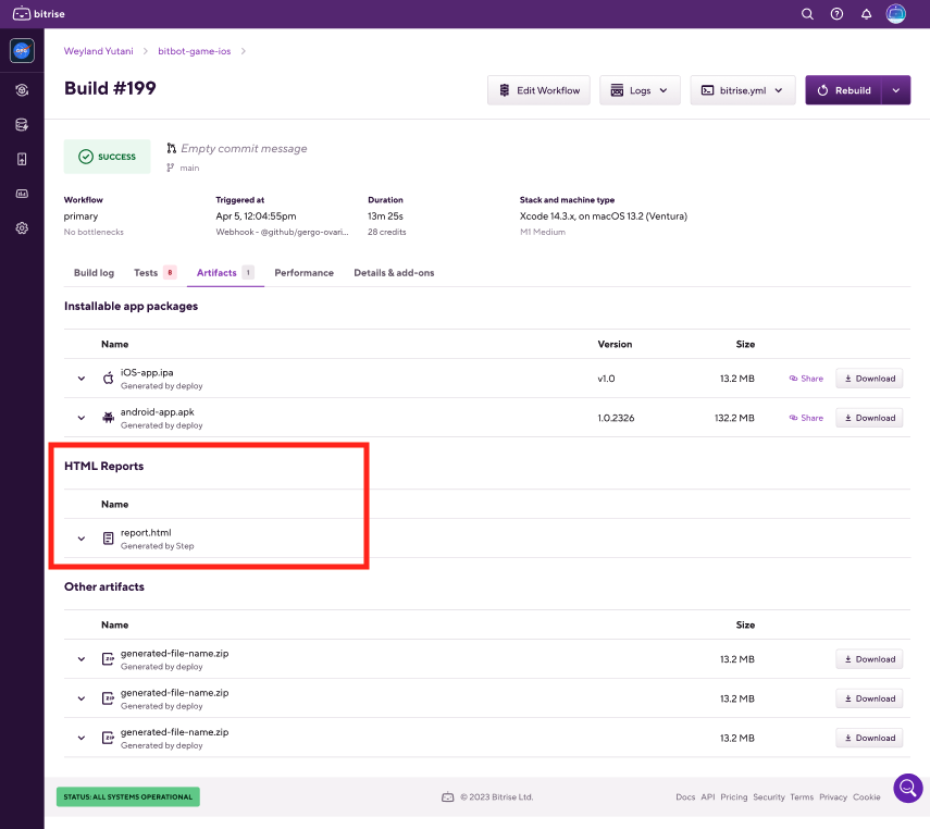 HTML reports on the Artifact tab of the Bitrise builds page